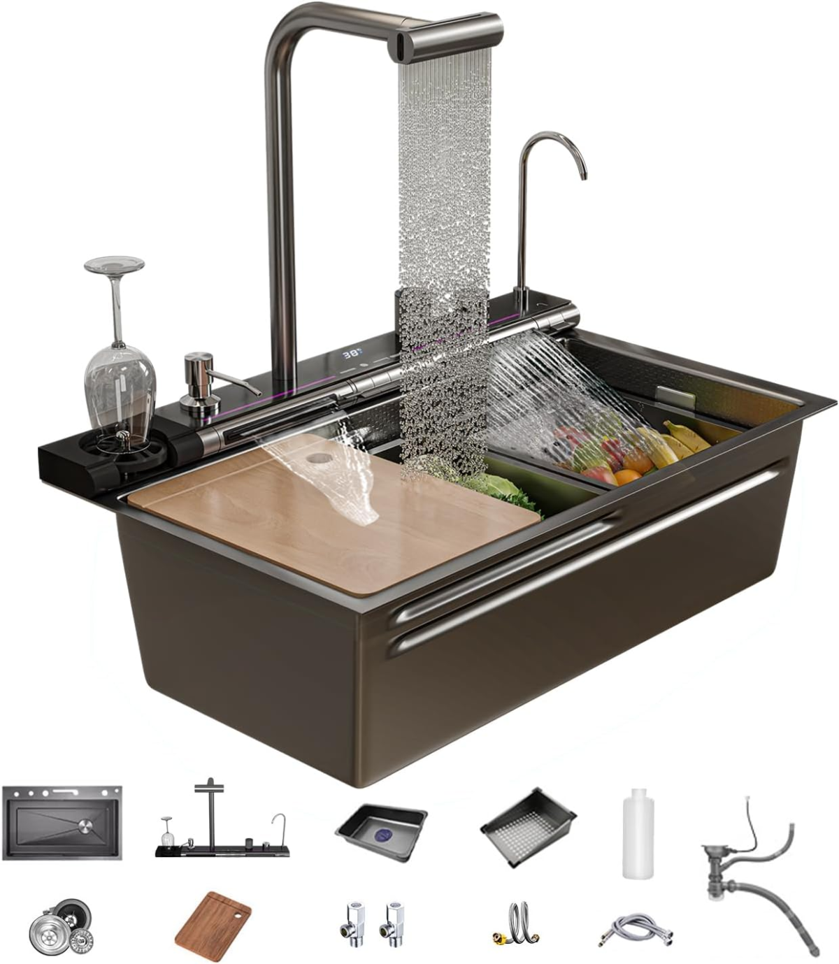 Dual Smart Waterfall Kitchen Sink Modern Kitchen Sink Single Bowl Digital Sink with Soap Dispenser Stainless Steel Sink with Pull-Out Faucet Workstation Sink with Honeycomb(29.5X18.1In) - Image 1