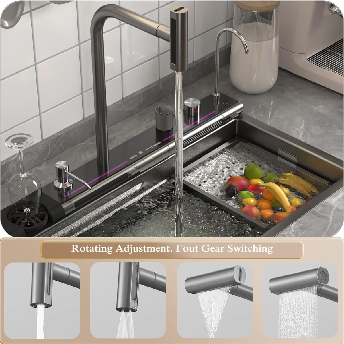 Dual Smart Waterfall Kitchen Sink Modern Kitchen Sink Single Bowl Digital Sink with Soap Dispenser Stainless Steel Sink with Pull-Out Faucet Workstation Sink with Honeycomb(29.5X18.1In) - Image 5