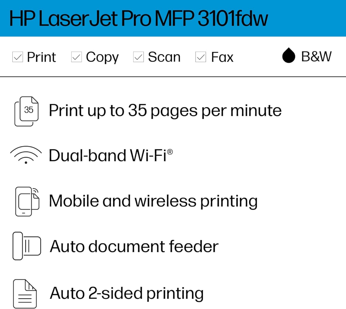 Laserjet Pro MFP 3101Fdw Wireless Black & White All-In-One Laser Printer, Scanner, Copier, Fax, Best-For-Office (3G628F) - Image 2