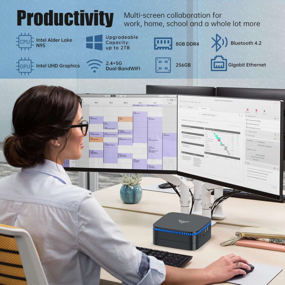 AK1PLUS Mini PC, 12Th Gen N95 Processor(Up to 3.4Ghz), Mini Desktop Computers 8GB DDR4 256GB SSD Support 4K Display, Wifi/Bt for Business, Office, Home Server - Image 8