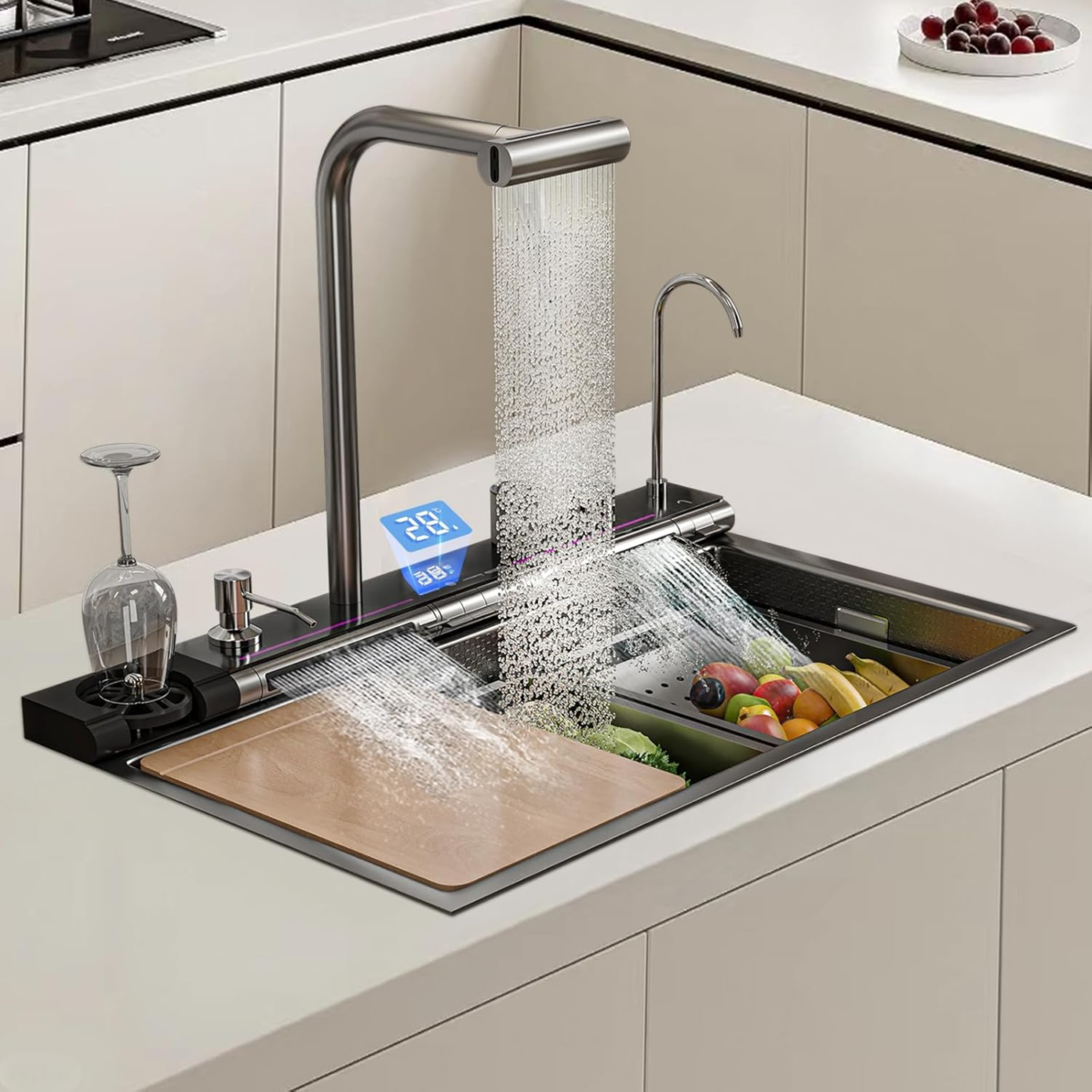 Dual Smart Waterfall Kitchen Sink Modern Kitchen Sink Single Bowl Digital Sink with Soap Dispenser Stainless Steel Sink with Pull-Out Faucet Workstation Sink with Honeycomb(29.5X18.1In) - Image 3