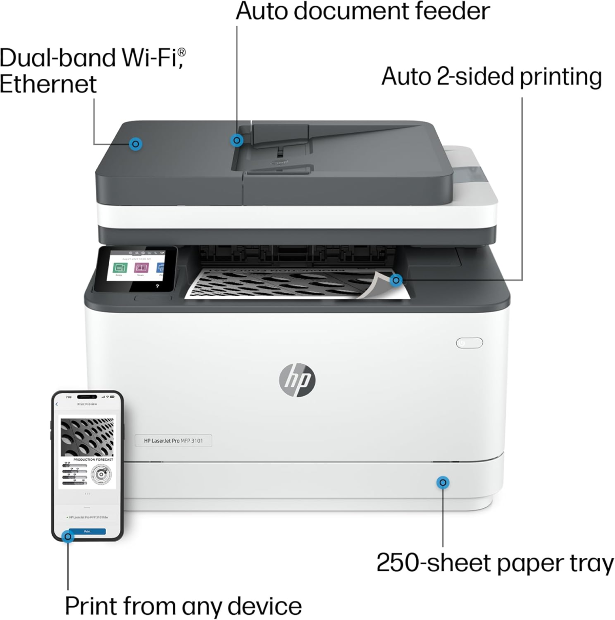 Laserjet Pro MFP 3101Fdw Wireless Black & White All-In-One Laser Printer, Scanner, Copier, Fax, Best-For-Office (3G628F) - Image 4