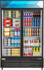 - MDR-2GD-35C 45" Commercial Glass 2 Door Display Refrigerator Merchandiser - Upright Beverage Cooler with LED Lighting - 35 Cu. Ft, Black